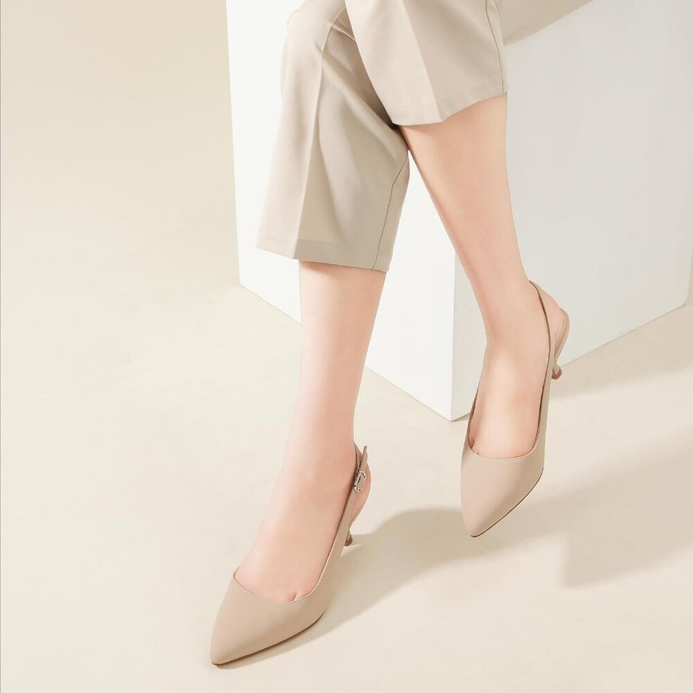 Women's Nude Nubuck Slingback Kitten Heels Closed Pointed Toe Pumps Dress Shoes - Picture 6 of 6